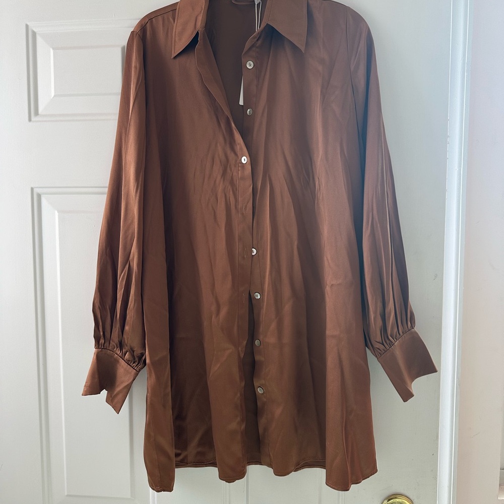 Silk Maison Button Up Shirt Dress in Copper NWT
